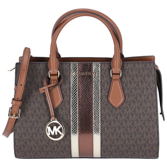 Michael Kors Sheila Medium Signature Logo and Metallic Satchel Brown Gold